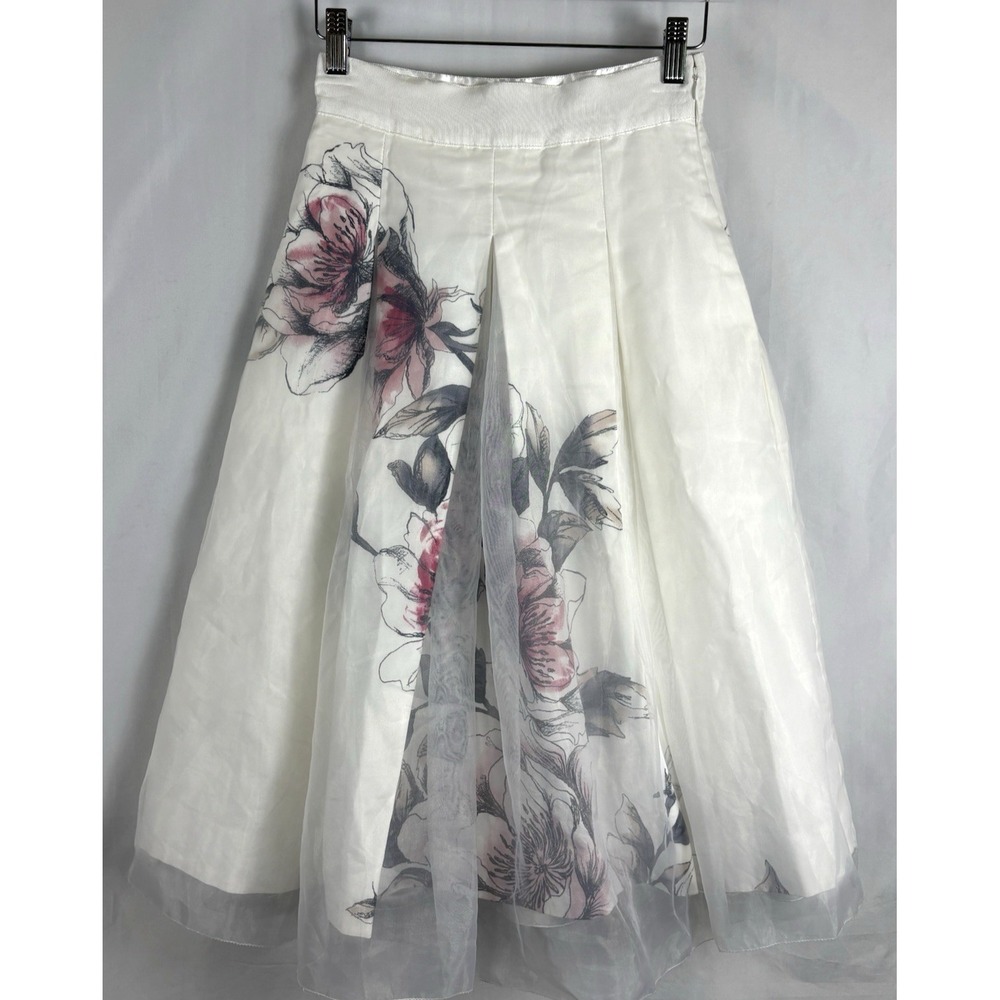 White House Black Market Skirt Size 00P White Floral Organza Side Zip Romantic